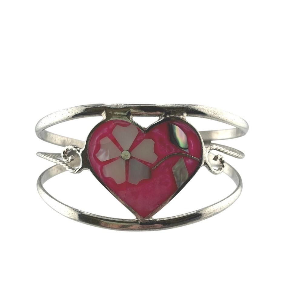 Vintage Alpaca Mexico Pink Enamel Abalone Flower Cuff Bracelet